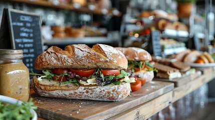 Rolgordijnen Gourmet sandwich shop realistic artisan breads and fillings casual chic © Thanapipat