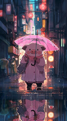 Portrait of a pig on a walk in the city in the rain. Holding an umbrella over his head. Ai generated.