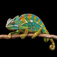 realistic multicolored chameleon with iridescent skin in speckles over black background
