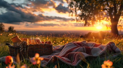 Picnic at sunset realistic cozy blankets and baskets golden hour - obrazy, fototapety, plakaty