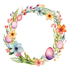 Naklejka na ściany i meble Watercolor Easter wreath frame with spring flowers and eggspng clipart for religion holiday tradition illustration design