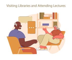 Visiting libraries and attending lectures concept.