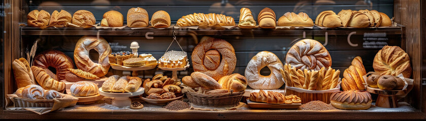 Bakery window display realistic assortment of breads and sweets © Thanapipat