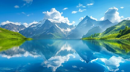 Naklejka na ściany i meble Majestic mountain peaks reflecting in crystal-clear alpine lake with a vibrant blue sky overhead.
