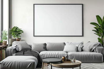 A living room featuring a comfortable couch, ottoman, and a vibrant plant creating a warm and inviting atmosphere