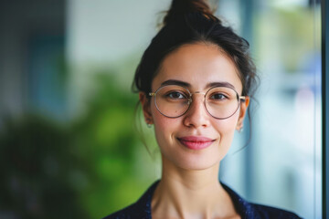 A woman with glasses standing in front of a window