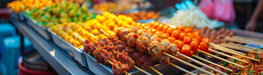 Asian street food tour realistic bustling markets and savory snacks - obrazy, fototapety, plakaty