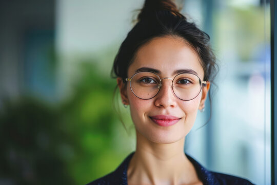A woman with glasses standing in front of a window