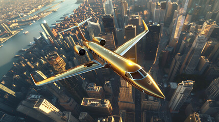 Luxury golden Private Jet Flying in the sky above the city at sunset