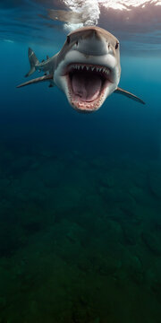 Aggressive shark attacking underwater. Long vertical composition with space for text at the bottom.
