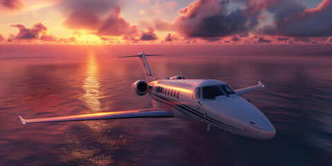  Private Jet Flying in the sky above the open sea at sunset