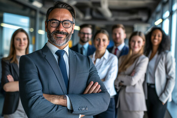 A diverse group of business professionals standing together and smiling for a group photo
