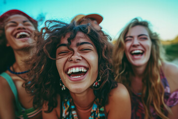 Fototapeta premium A group of young women enjoying a moment of laughter and camaraderie as they share joyful moments together