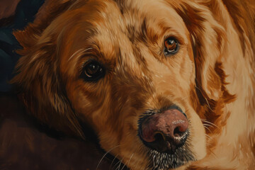 A realistic painting of a golden retriever lying down on a soft surface, looking relaxed and content