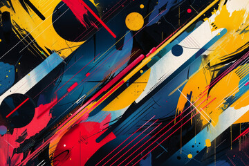 Vibrant, abstract artwork showcasing mix of bold colors, dynamic geometric shapes and strokes, contemporary graphic design. Bold and graphic abstract design with vivid colors and dynamic shapes