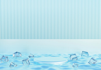 Blue cylinder podium with cystal ice cubes. Stand to show products. Stage showcase with copy space. Pedestal in futuristic concept. Water Surface with ice cubes . Fresh Concept. 3D rendering.