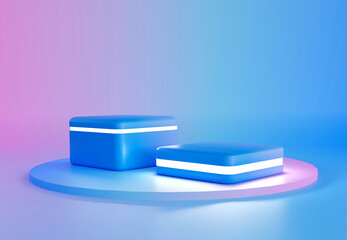 Blue cylinder podium with neon light on gradient background. Stand to show products. Stage showcase with copy space. Pedestal display. 3D rendering.