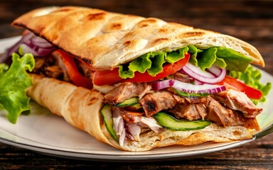 Shawarma. Doner kebab, fresh vegetables and meat. Kebab sandwich close up