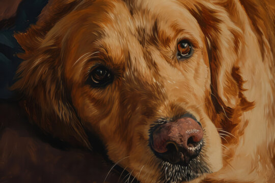 A realistic painting of a golden retriever lying down on a soft surface, looking relaxed and content
