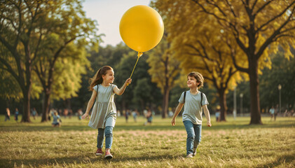 Two children playing with a big ballon in the park