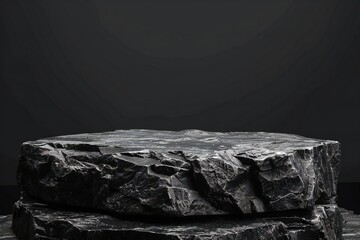 Empty black rock podium over black background Generative Ai 