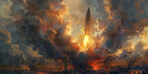 Rocket takes off into the sky above the city in oil paint style - obrazy, fototapety, plakaty
