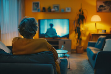 Senior woman watching television series, sitting comfortably in her living room chair. Joy of leisurely entertainment and relaxation in retirement