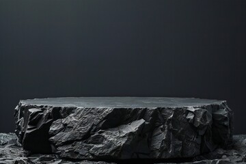 Empty black rock podium over black background Generative Ai 