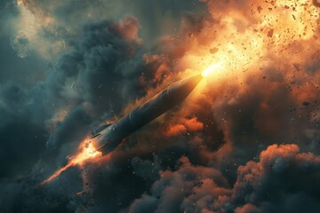 Rocket in the sky during military operations - obrazy, fototapety, plakaty