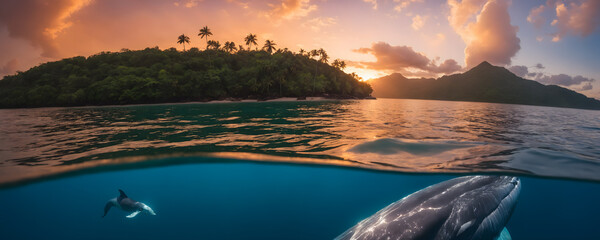 Dolphin and whale under the water next to the coast at sunset