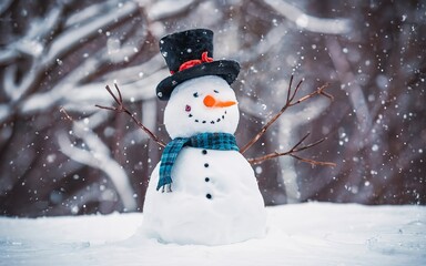 Fototapeta premium Snowman. Merry christmas and happy new year greeting card. Funny snowman in a hat on a snowy background