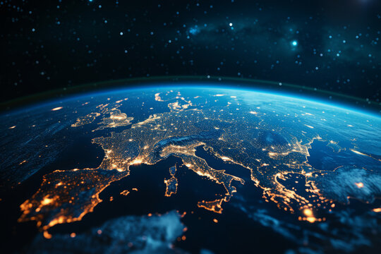 Space view on Europe continent with city lights at night time. Global networking and futuristic technology development