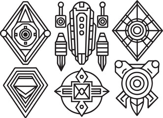 Set Greyscale cyberpunk video game symbol. Hand drawn vector illustration