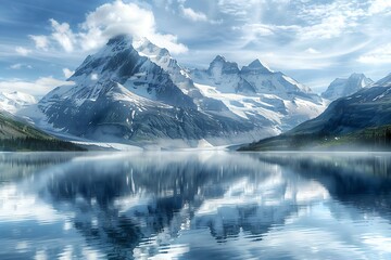 Fototapeta na wymiar A Serene Mountain Lake reflecting snow-capped peaks.