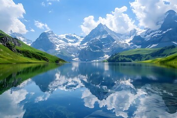 A Serene Mountain Lake reflecting snow-capped peaks.