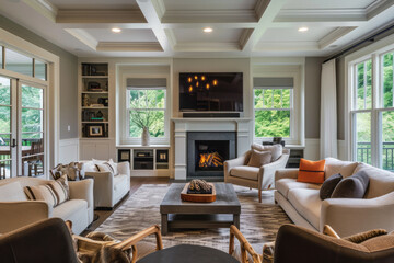 A fully furnished living room with a variety of furniture pieces, centered around a lit fireplace