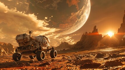 Space exploration technology, Mars rover on alien terrain - obrazy, fototapety, plakaty