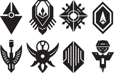 Set Greyscale cyberpunk video game symbol. Hand drawn vector illustration