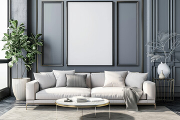 A living room featuring a comfortable couch and a table, set up for relaxation and entertainment - obrazy, fototapety, plakaty