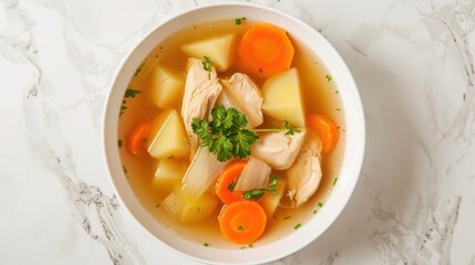 Clear chicken soup with potatoes, carrots and onions in a white bowl Asian style food