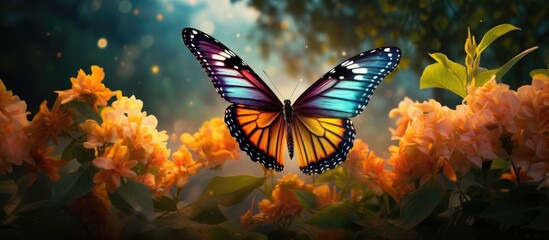 A butterfly with vibrant wings is perched delicately on colorful flowers in a lush garden,...