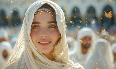 Beautiful muslim woman wearing a hijab praying in a mosque - Mecca Islamic religion and Ramadan