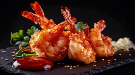 Delicious shrimp in tempura with red sauce on black background. Studio lights