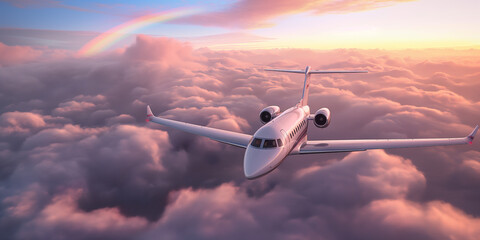 Luxury Private Jet Flying in the sky above sea of clouds at sunset