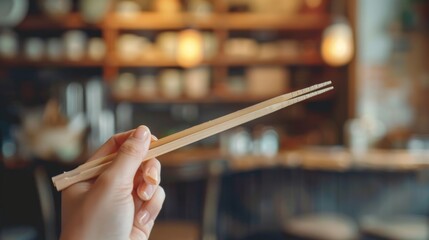 Hand holding bamboo chopsticks and a beautiful piece of sushi While dipping in soy sauce at a...