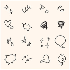 Set of Comic decorative brush stroke lines, design elements, emotion symbols, anime movement with illustration style doodle and line art