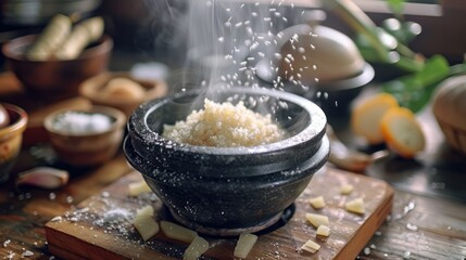 Japanese food Tororo Grind Chinese yam in a mortar. - obrazy, fototapety, plakaty