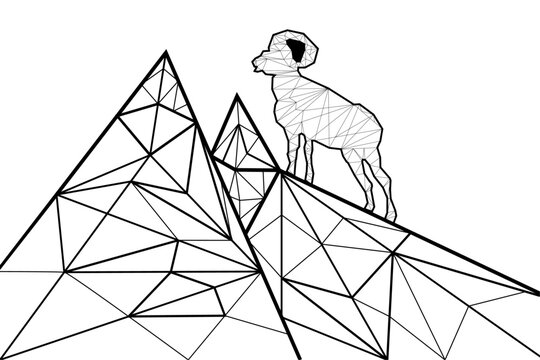 Powerful mountain ram in mountain low poly design, animal abstract geometric art, ibex wireframe mesh polygonal vector illustration made from lines. Vector graphics.