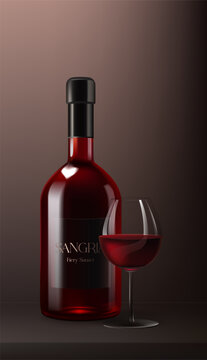 A realistic 3D wine bottle of sangria, mockup with a glass of wine. This fruity cocktail features red fluid, on smooth background, perfect for celebrations and parties. Not AI.
