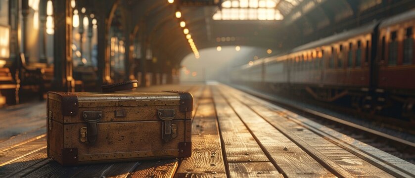 Podium on a vintage train platform, journey theme, travel and exploration